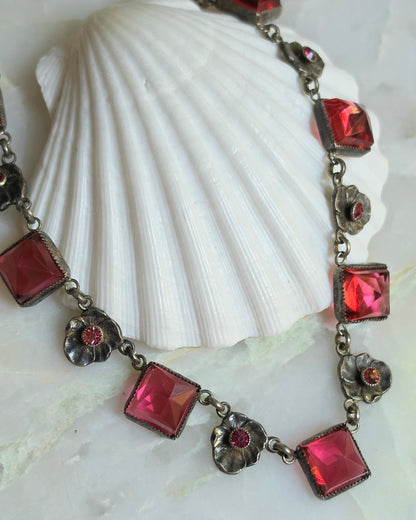 Vintage 1930s Silver Czech Glass Pansy Necklace