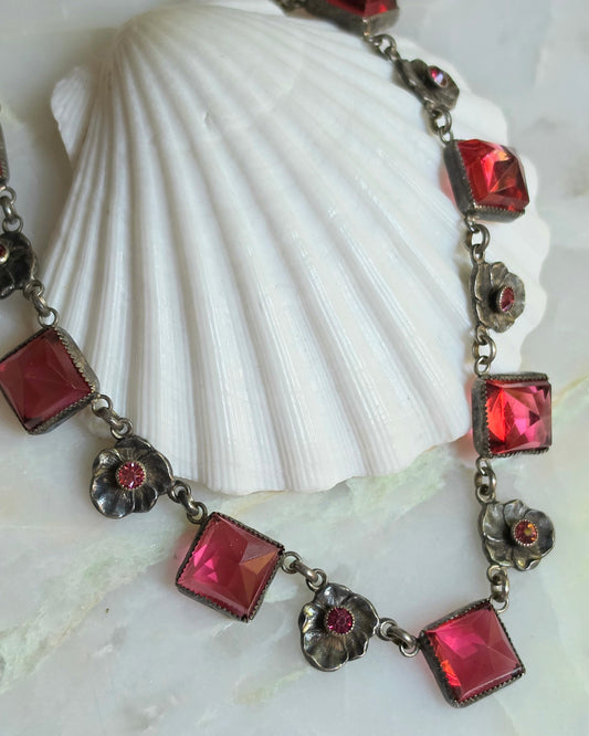 Vintage 1930s Silver Czech Glass Pansy Necklace