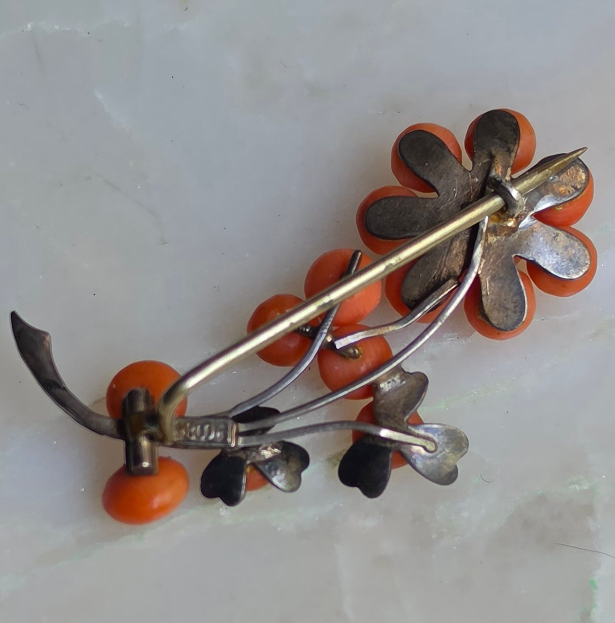 Antique Victorian Coral "Berry" and Seed Pearl Flower Pin