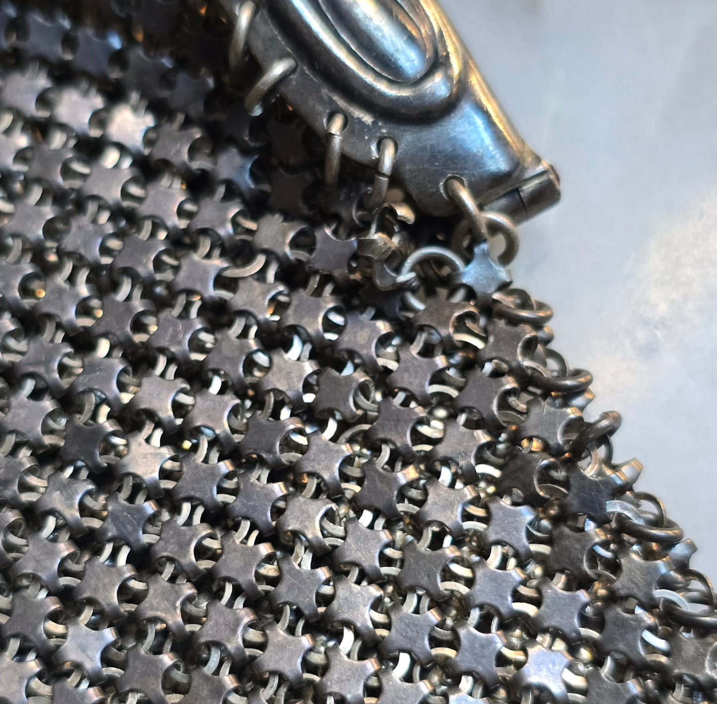 Antique Edwardian Art Nouveau Sterling Silver Mesh Chatelaine Purse