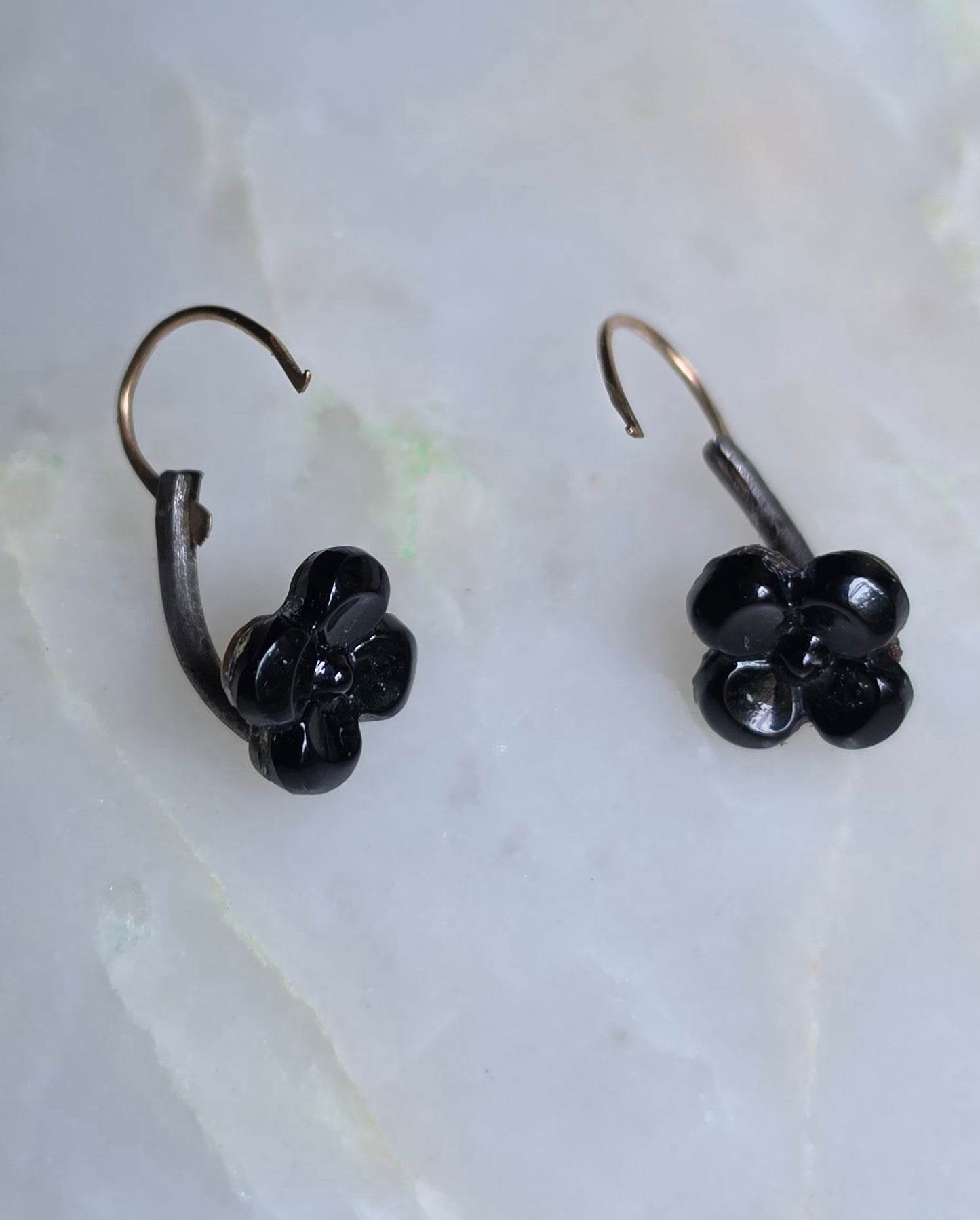 Antique Victorian Carved Jet and Vulcanite Bellflower Day to Night Earrings