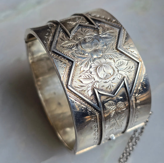 Antique Victorian Sterling Silver Engraved Aesthetic Movement Bangle