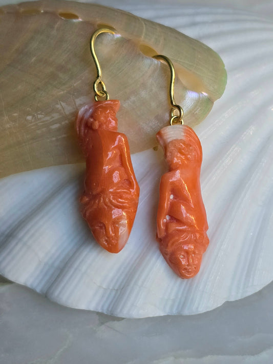 Antique Carved Coral Sphinx and Mask Earrings