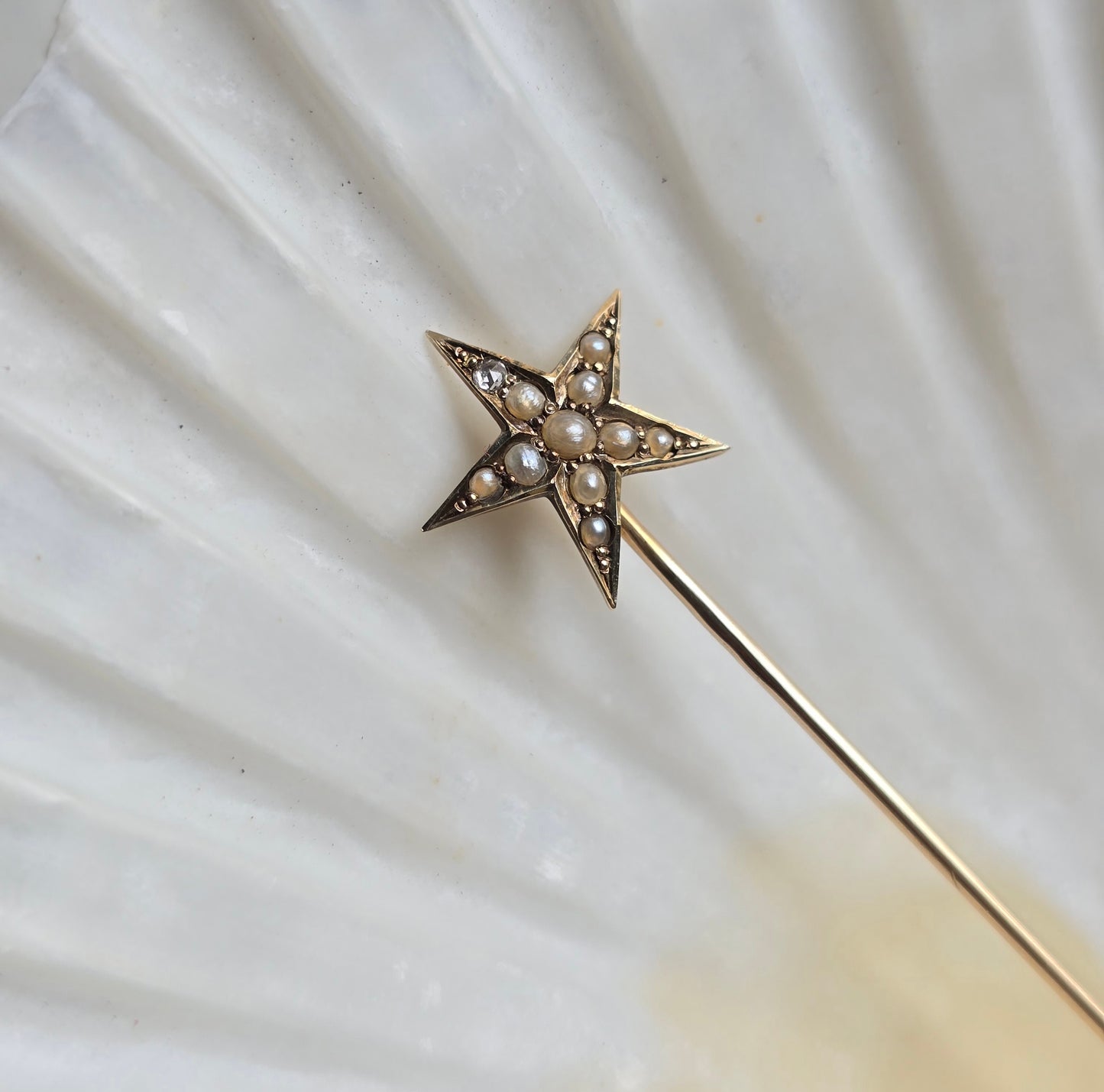 Antique Victorian Seed Pearl and Diamond Star Stickpin