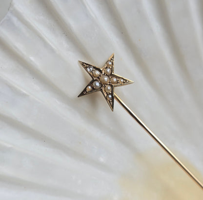 Antique Victorian Seed Pearl and Diamond Star Stickpin