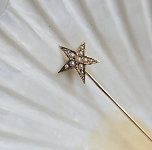 Antique Victorian Seed Pearl and Diamond Star Stickpin