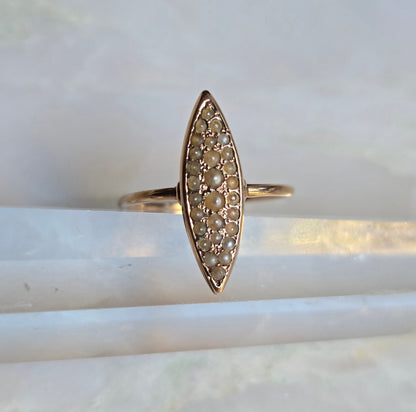 Antique Victorian 14k Rose Gold Seed Pearl Navette Ring