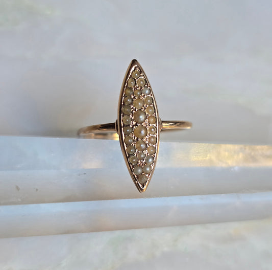 Antique Victorian 14k Rose Gold Seed Pearl Navette Ring