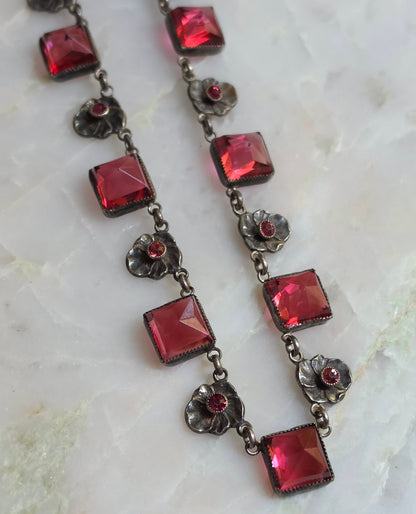 Vintage 1930s Silver Czech Glass Pansy Necklace