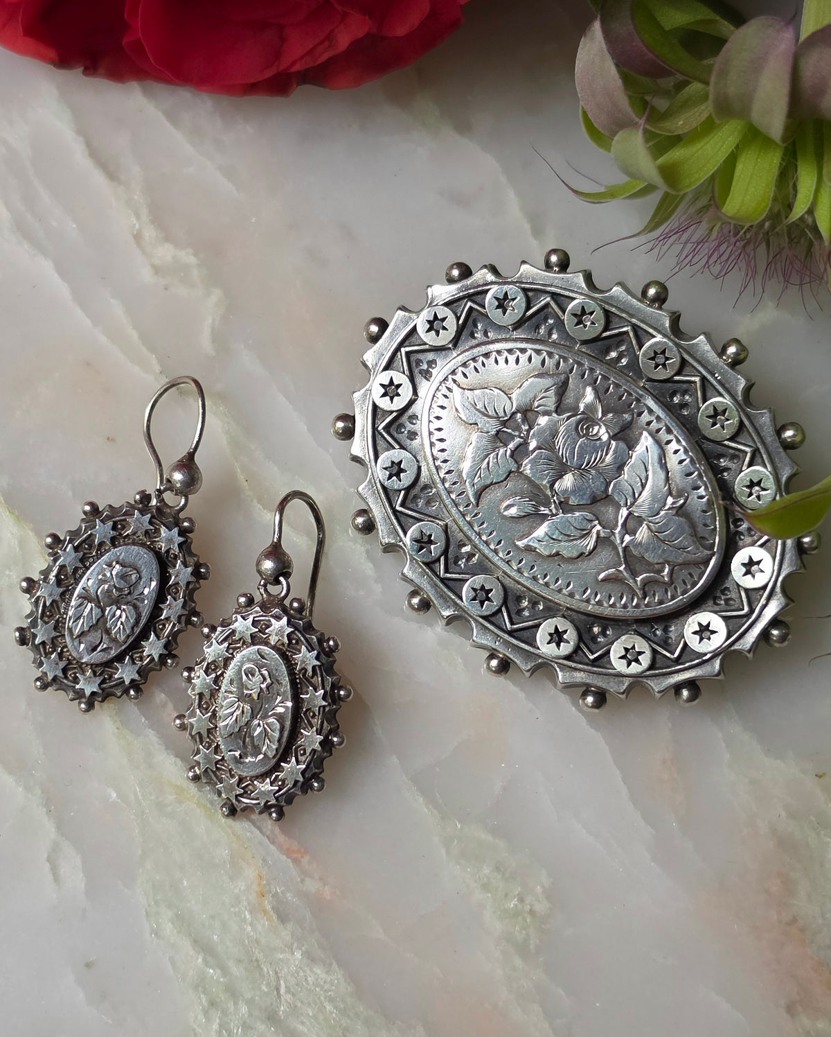 Antique Victorian Silver Aesthetic Movement Demi-Parure/Set