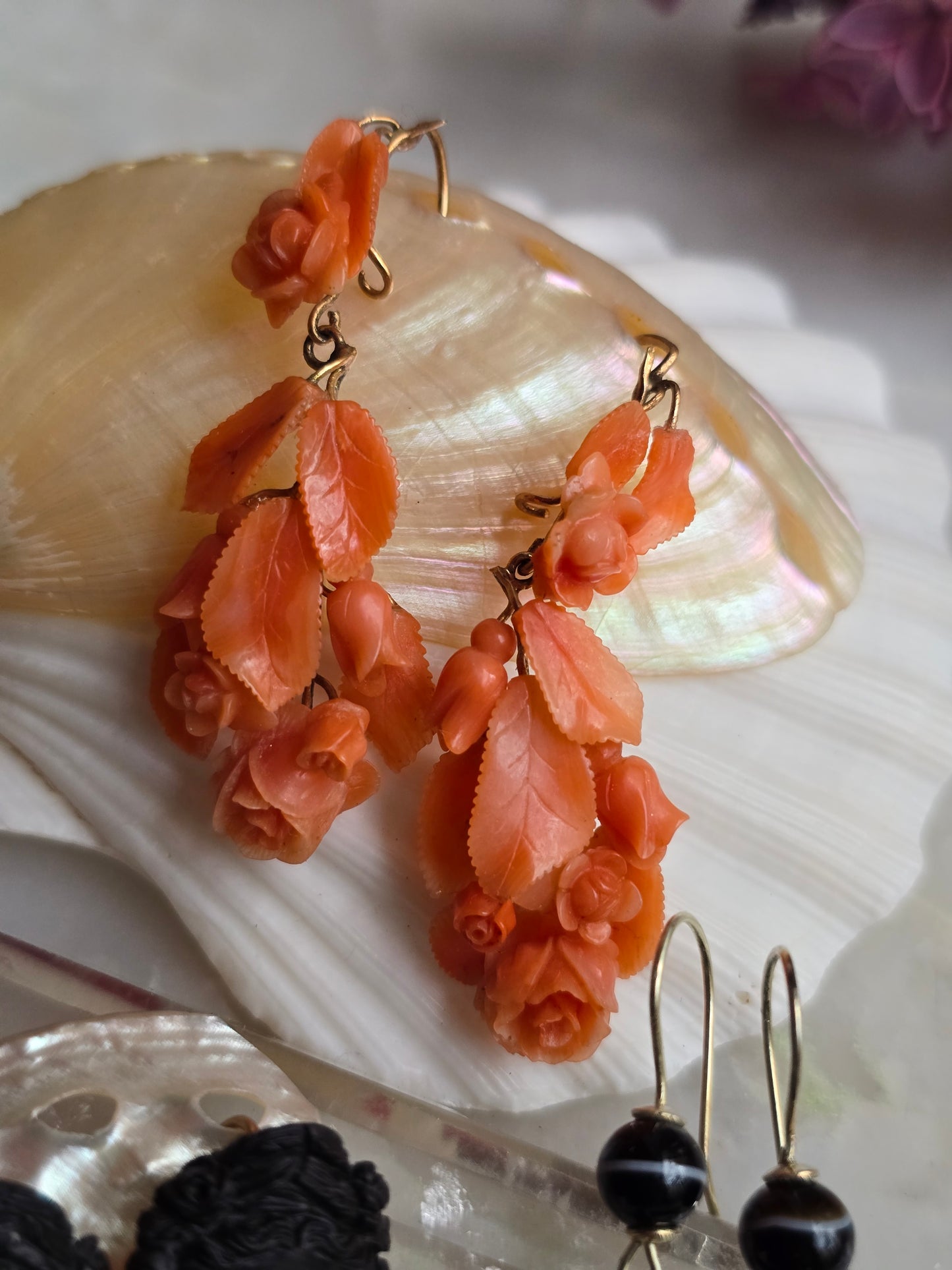 Antique Victorian Carved Salmon Coral Rose Earrings