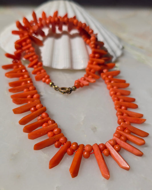 Antique Victorian Carved Mediterranean Coral "Pickets and Berries" Necklace