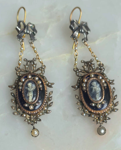 Restored Antique Georgian Louis XVI Style Seed Pearl and Grisaille Enamel Cupid Earrings
