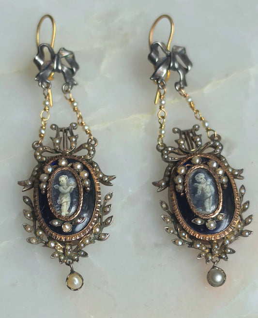 Restored Antique Georgian Louis XVI Style Seed Pearl and Grisaille Enamel Cupid Earrings