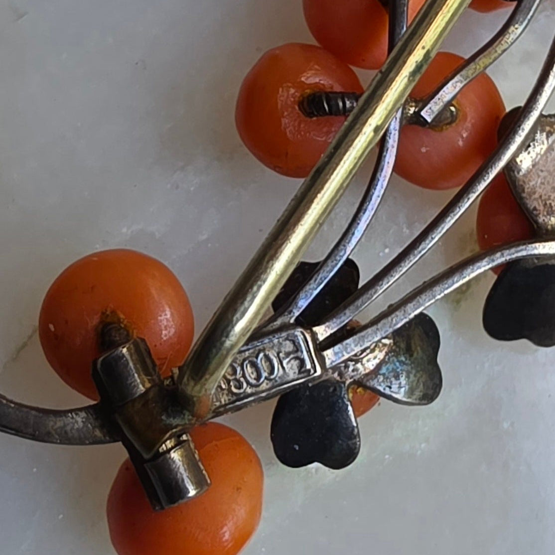 Antique Victorian Coral "Berry" and Seed Pearl Flower Pin