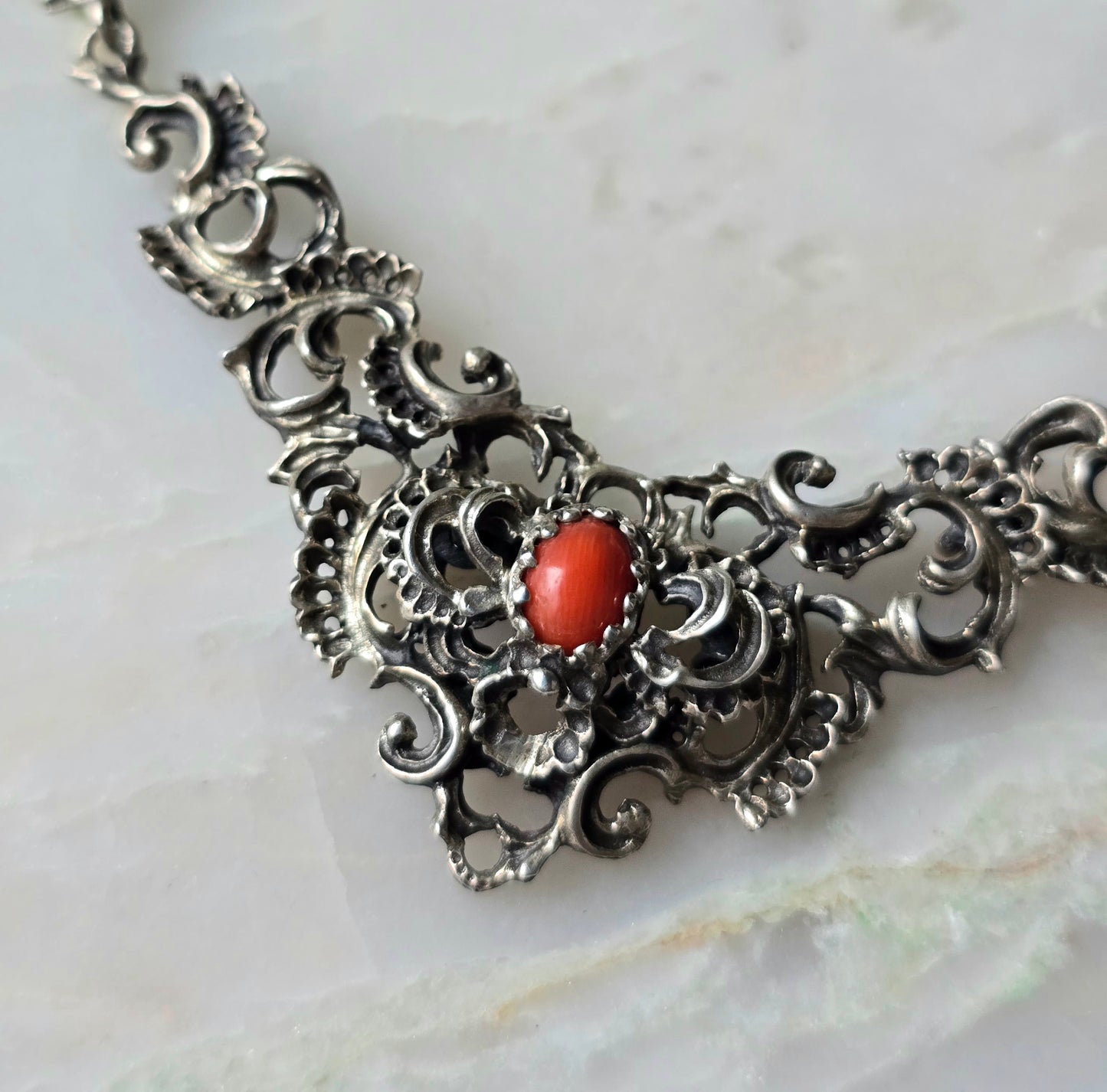 Antique Art Nouveau Austrian Silver and Coral Necklace
