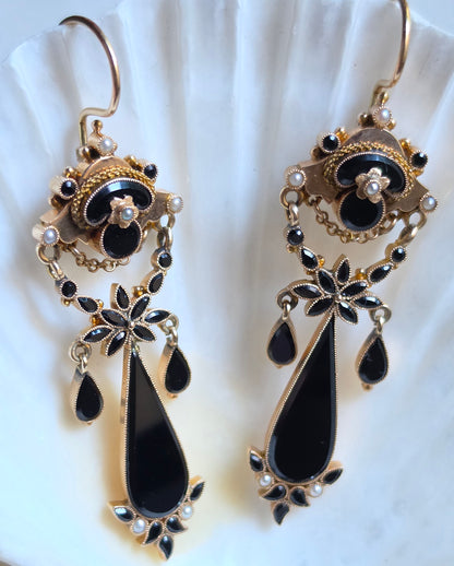 Antique Victorian Onyx and Seed Pearl Chandelier Earrings