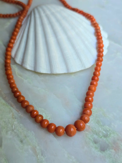 Antique Victorian Opera Length Graduated Mediterranean Coral Strand