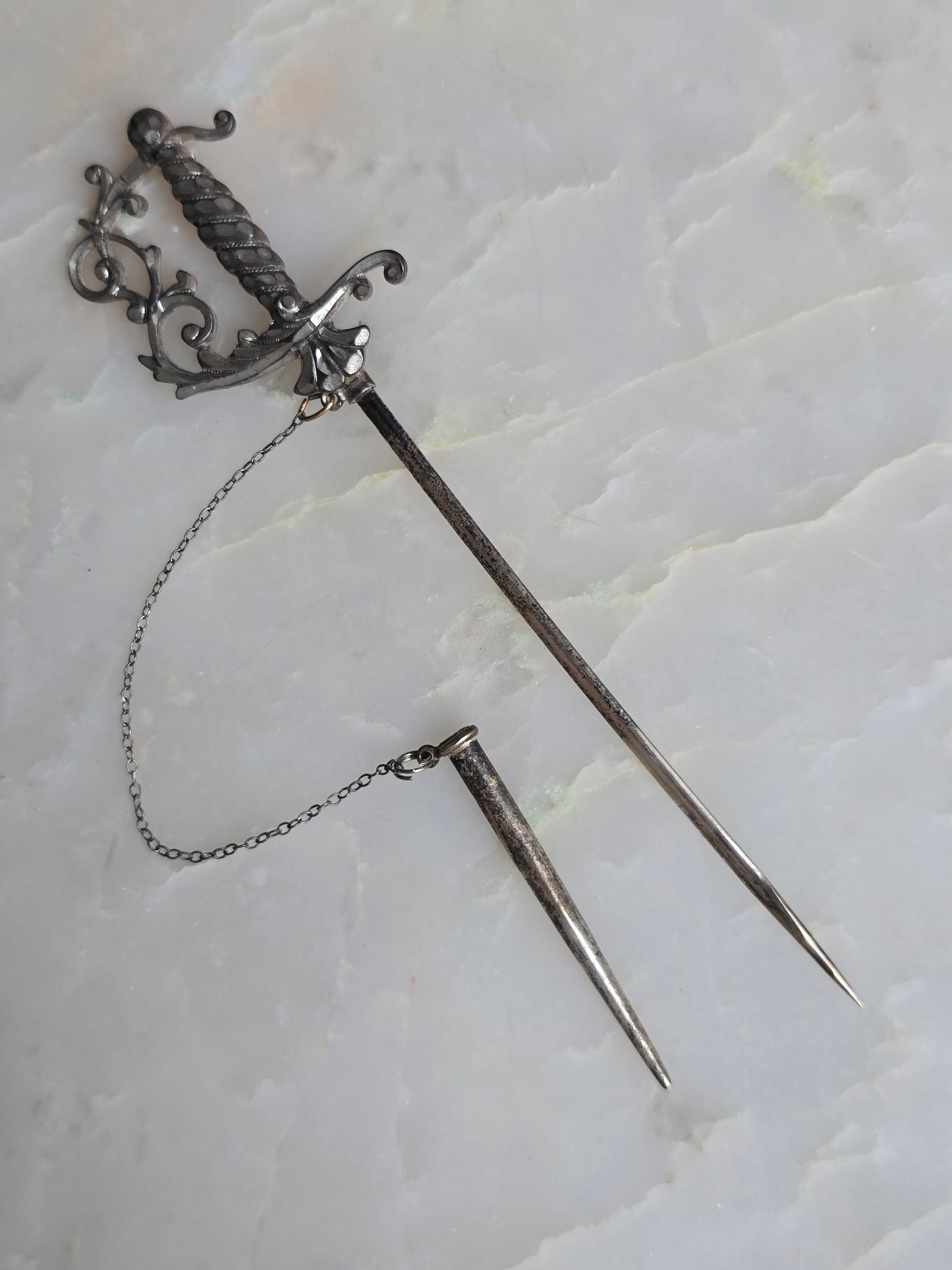 Antique Edwardian Silver Sword Jabot Pin