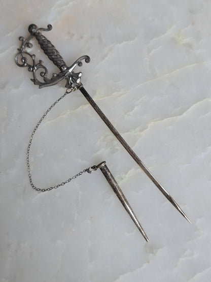 Antique Edwardian Silver Sword Jabot Pin