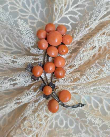 Antique Victorian Coral "Berry" and Seed Pearl Flower Pin