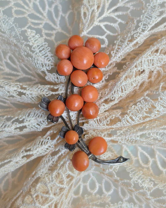 Antique Victorian Coral "Berry" and Seed Pearl Flower Pin