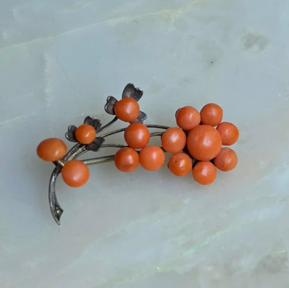 Antique Victorian Coral "Berry" and Seed Pearl Flower Pin