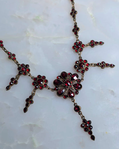 Antique Victorian Bohemian Garnet Flower Necklace