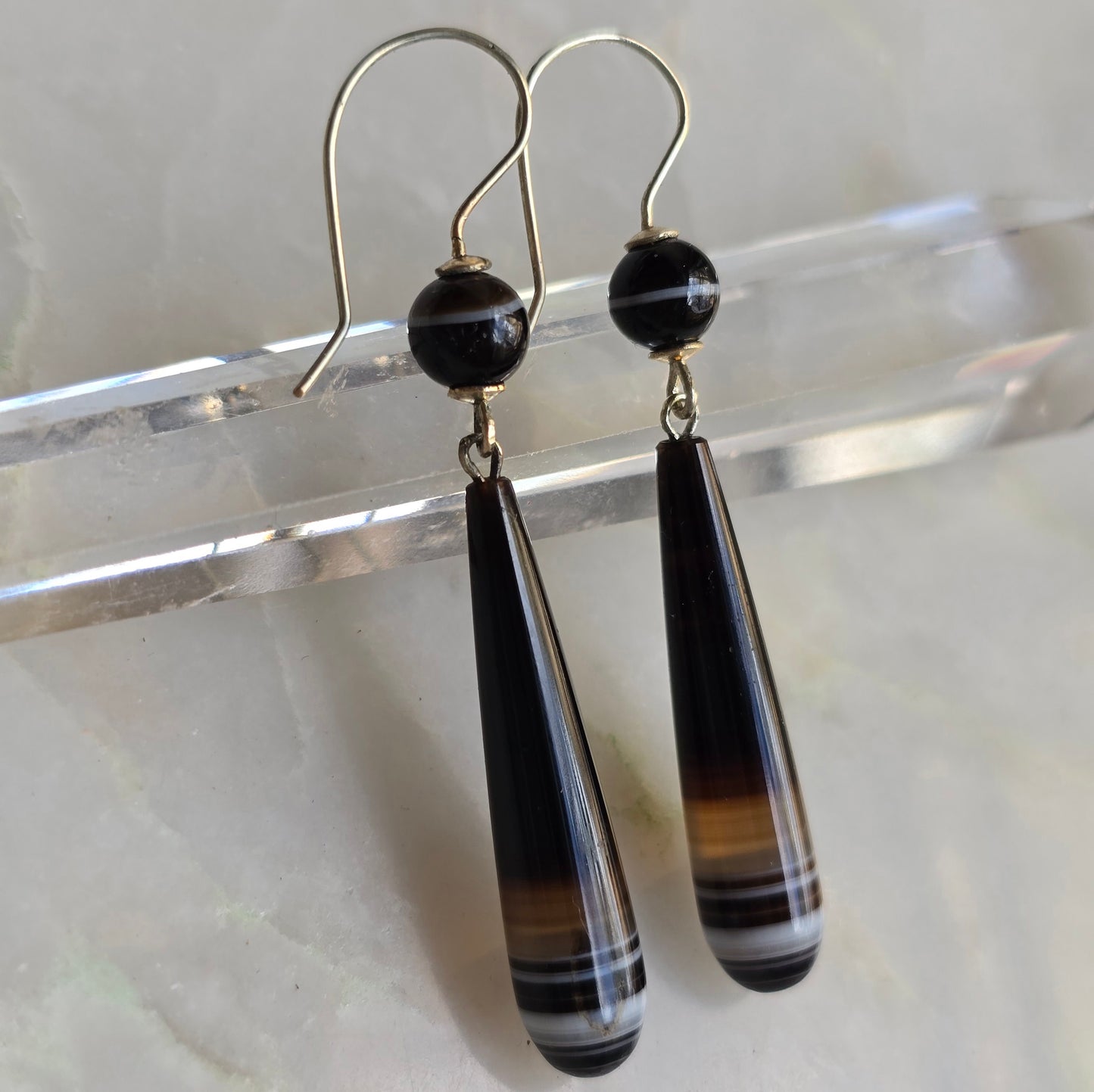 Antique Victorian Carved Banded Agate Torpedo Drop Earrings