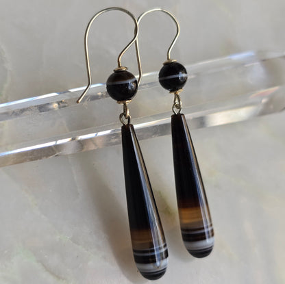 Antique Victorian Carved Banded Agate Torpedo Drop Earrings
