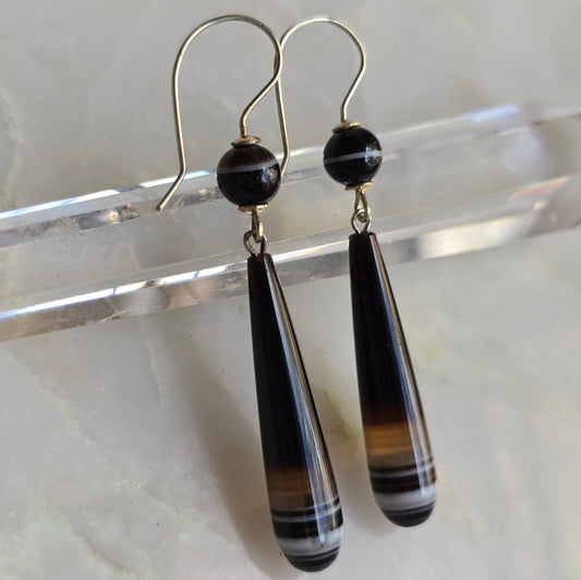 Antique Victorian Carved Banded Agate Torpedo Drop Earrings