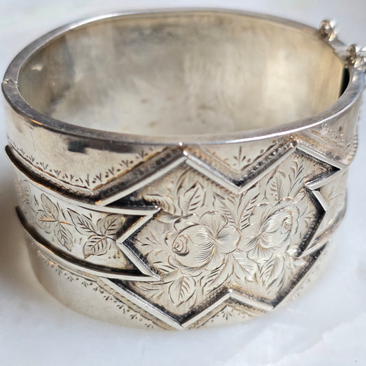 Antique Victorian Sterling Silver Engraved Aesthetic Movement Bangle