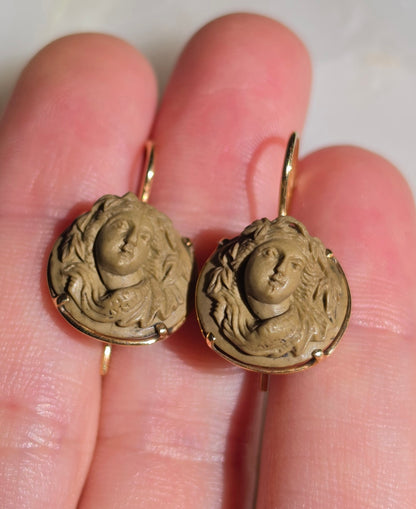 Antique Victorian Carved Lava Bacchante Cameo Earrings