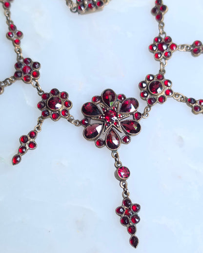 Antique Victorian Bohemian Garnet Flower Necklace