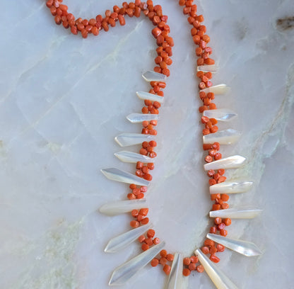 Antique Victorian Mediterranean Coral and Mother of Pearl "Pickets and Berries" Necklace