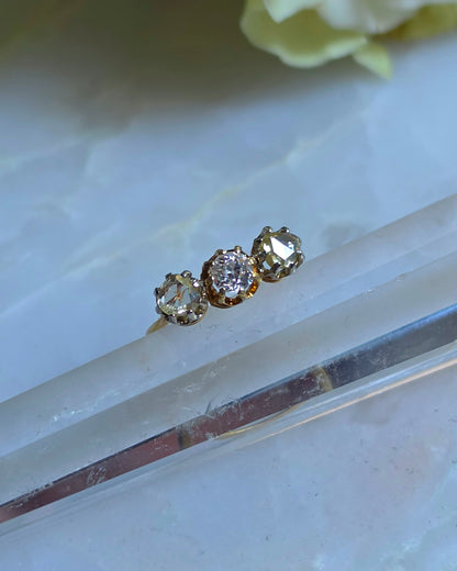 Antique Yellow Rose Cut and Old European Cut Diamond Trilogy Ring