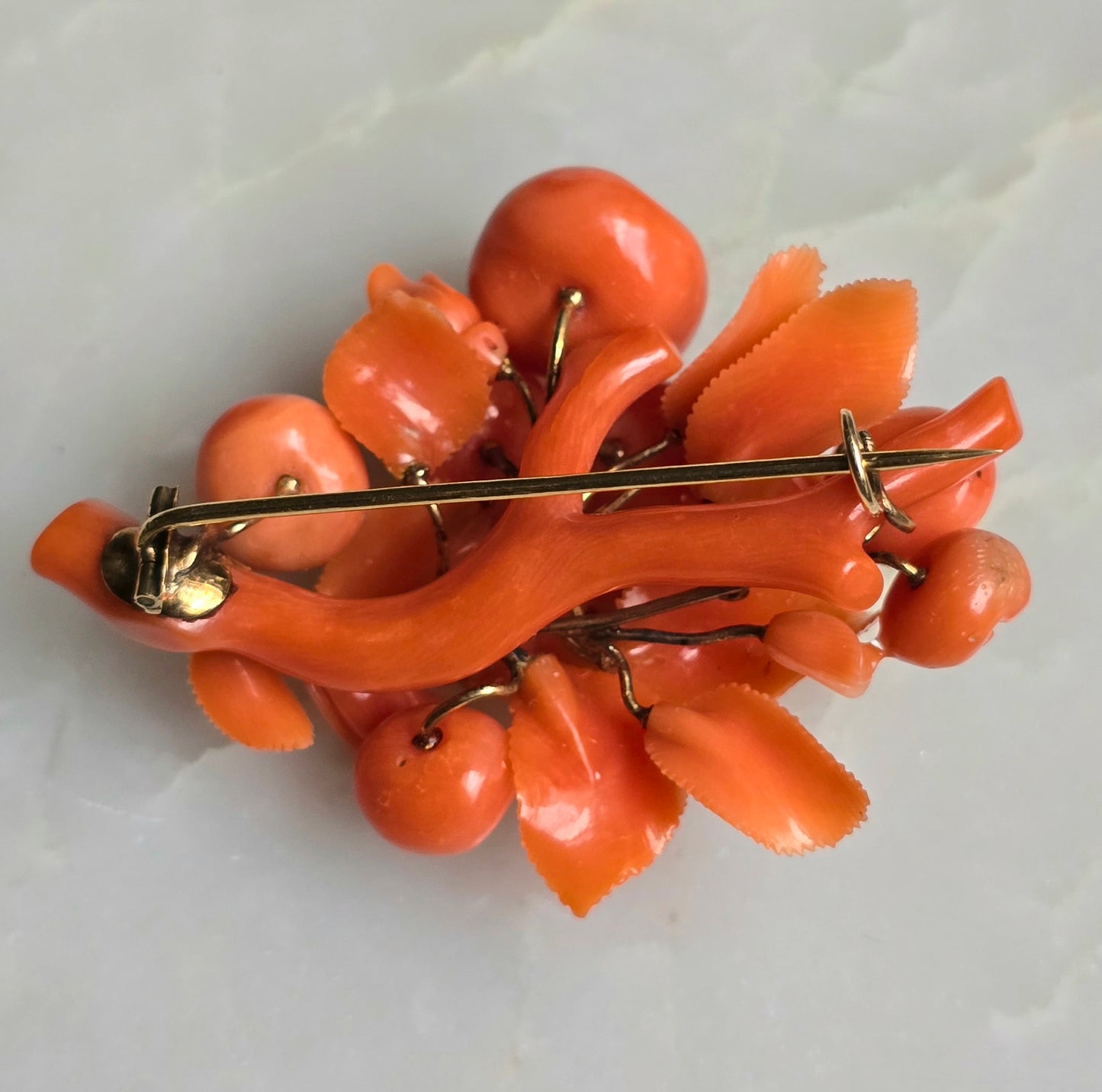 Antique Carved Coral Flowers And Fruit Pin