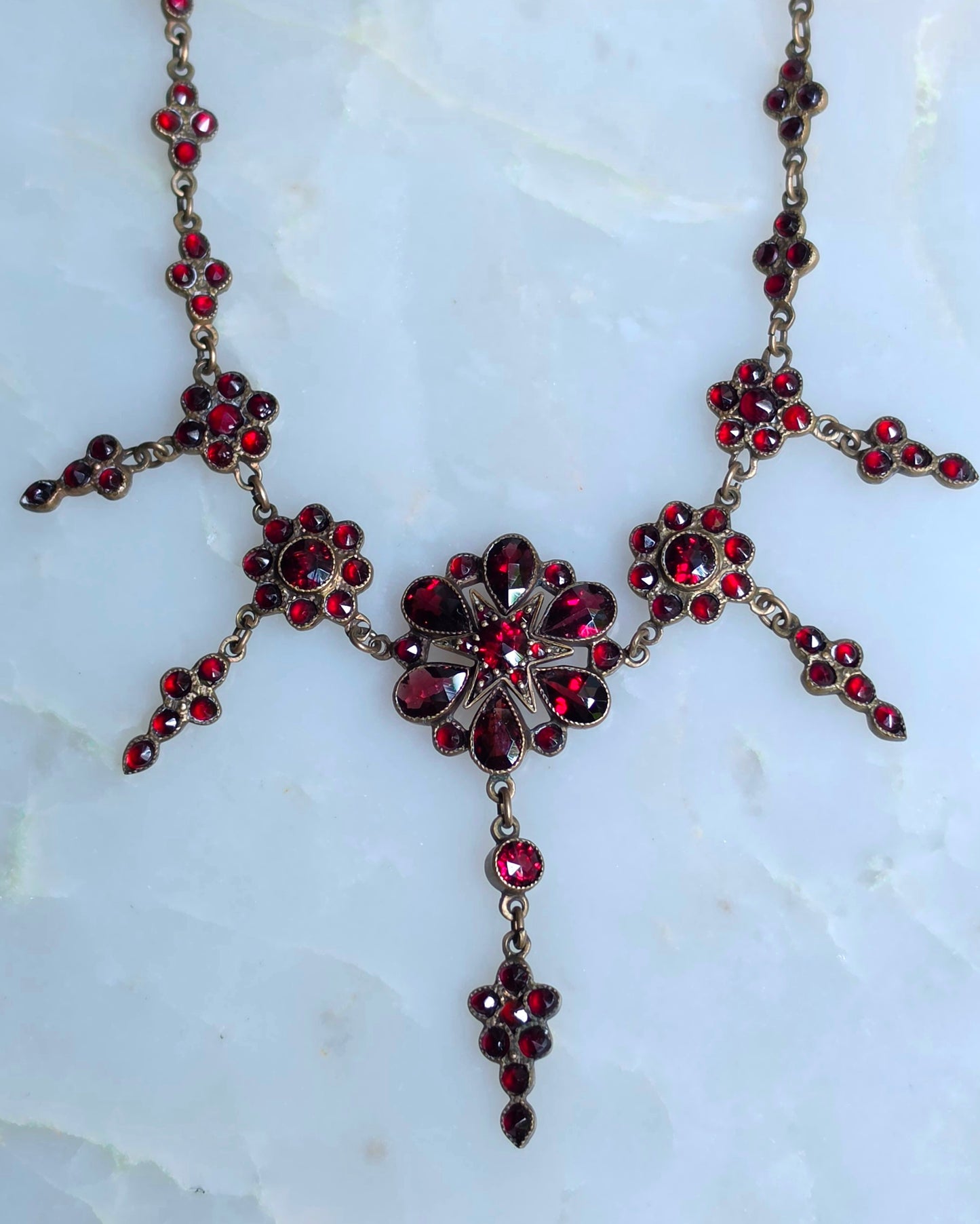 Antique Victorian Bohemian Garnet Flower Necklace