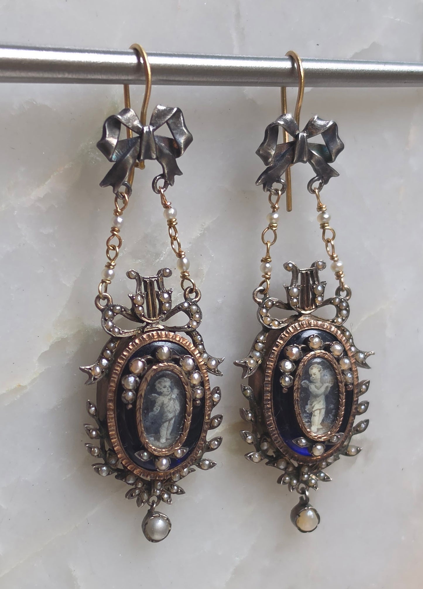 Restored Antique Georgian Louis XVI Style Seed Pearl and Grisaille Enamel Cupid Earrings