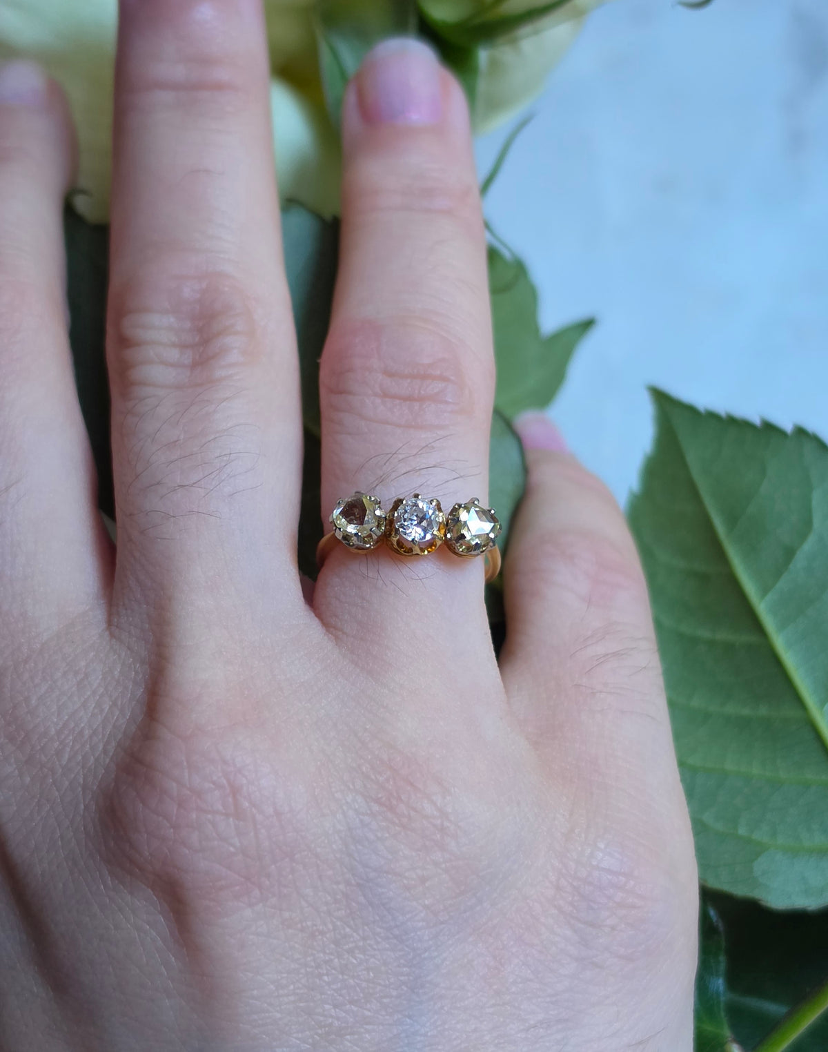 Antique Yellow Rose Cut and Old European Cut Diamond Trilogy Ring