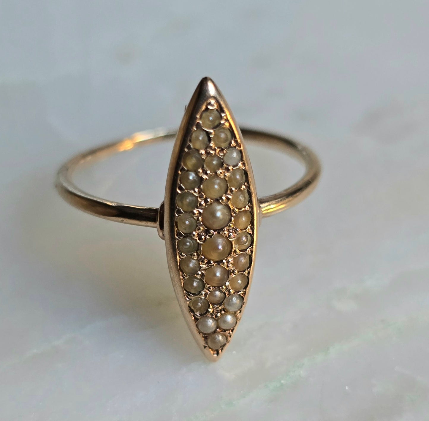Antique Victorian 14k Rose Gold Seed Pearl Navette Ring