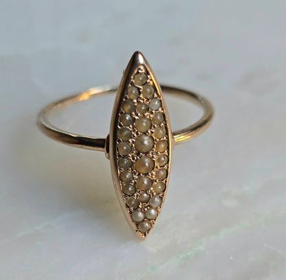 Antique Victorian 14k Rose Gold Seed Pearl Navette Ring