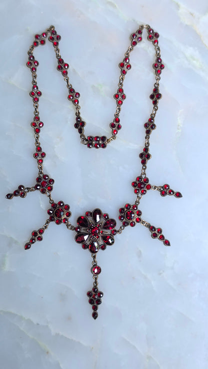 Antique Victorian Bohemian Garnet Flower Necklace