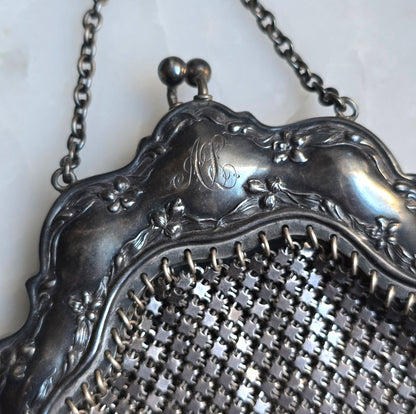 Antique Edwardian Art Nouveau Sterling Silver Mesh Chatelaine Purse