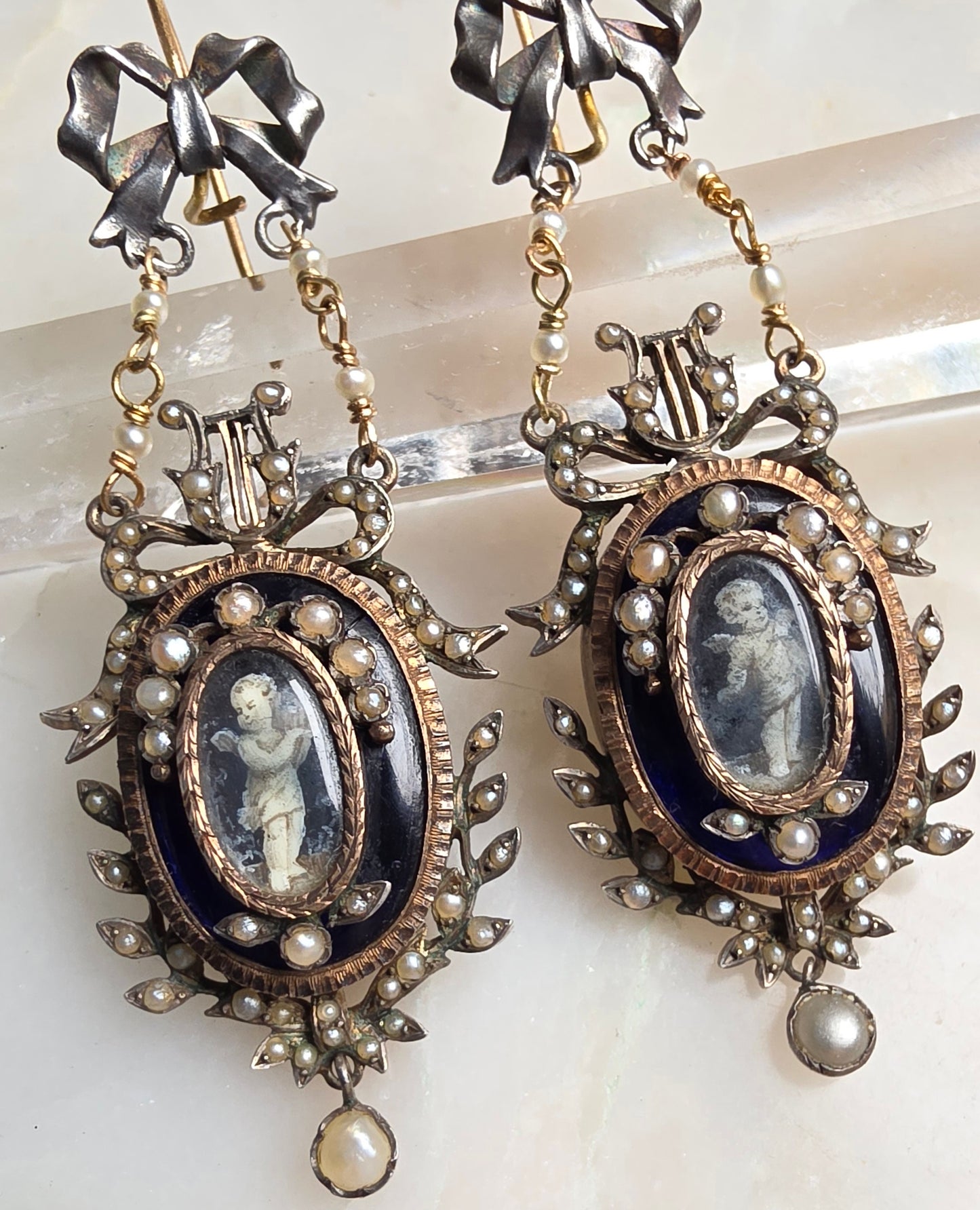 Restored Antique Georgian Louis XVI Style Seed Pearl and Grisaille Enamel Cupid Earrings