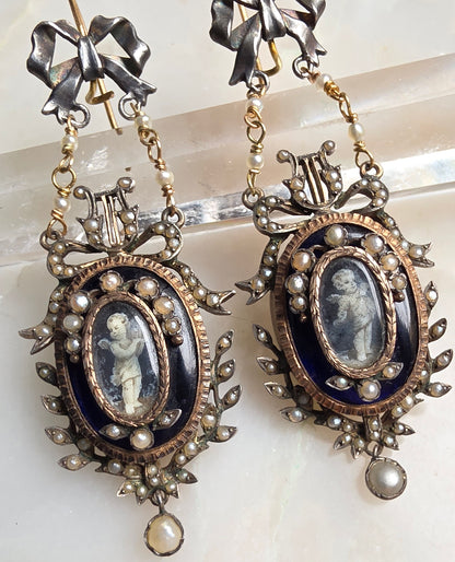 Restored Antique Georgian Louis XVI Style Seed Pearl and Grisaille Enamel Cupid Earrings