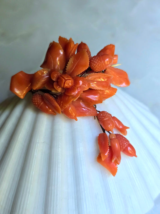Antique Victorian Carved Mediterranean Coral Acorn, Roses and Leaves Brooch with Pendant