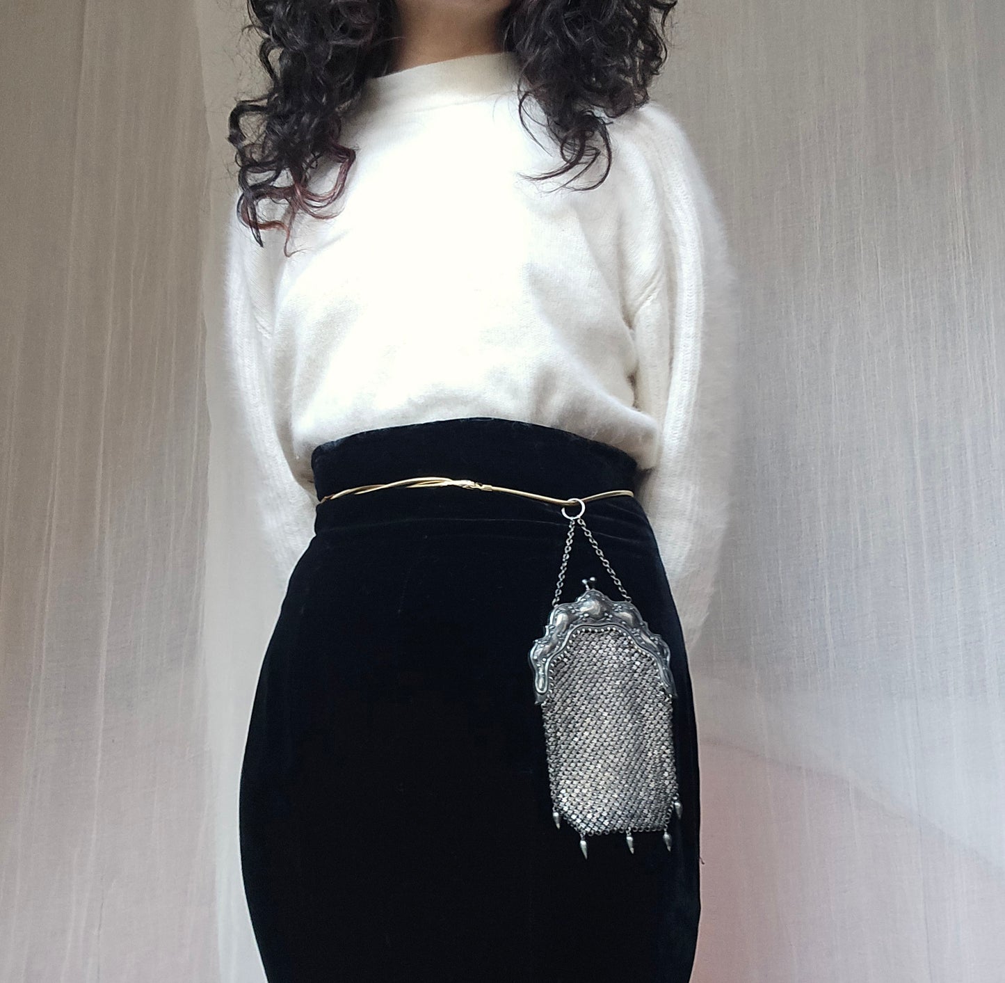 Antique Edwardian Art Nouveau Sterling Silver Mesh Chatelaine Purse