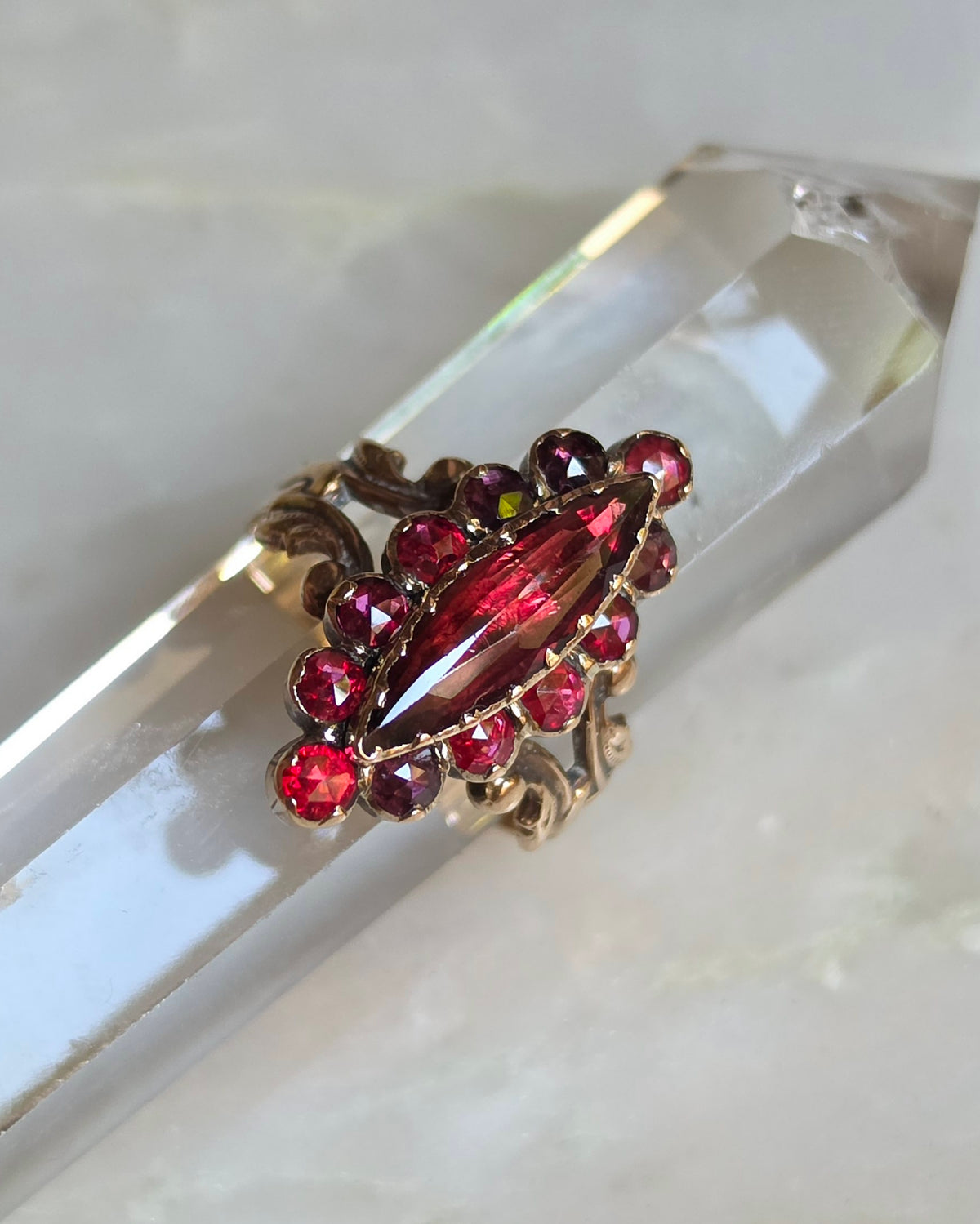 Antique 18k French Perpignan Garnet Navette Ring