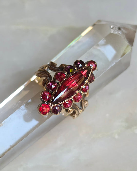 Antique 18k French Perpignan Garnet Navette Ring
